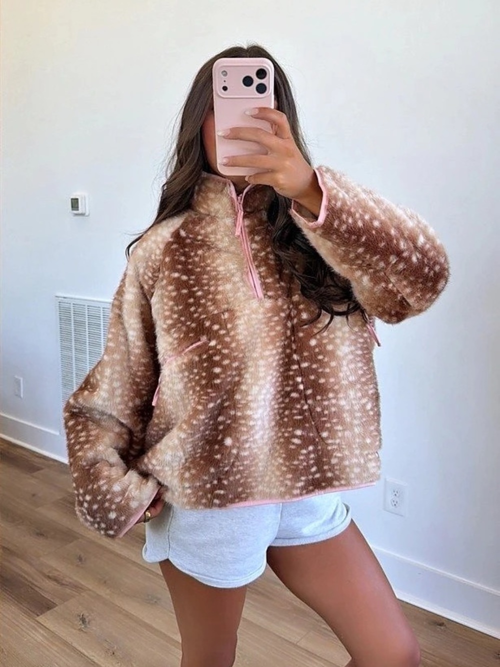 SOLD OUT TECE Mae Printed Piled Fleece Zip-Up Jacket Brown & White